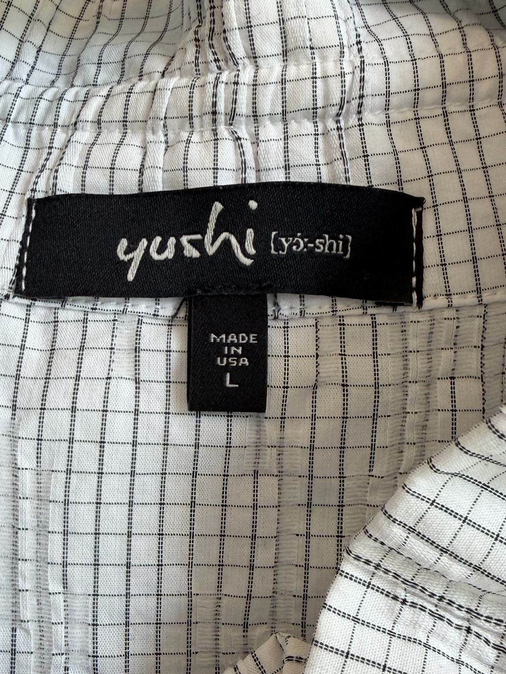 Yushi Made in USA Crinkle Check Tunic Top L White Black Sleeveless Front Pockets - Picture 8 of 11